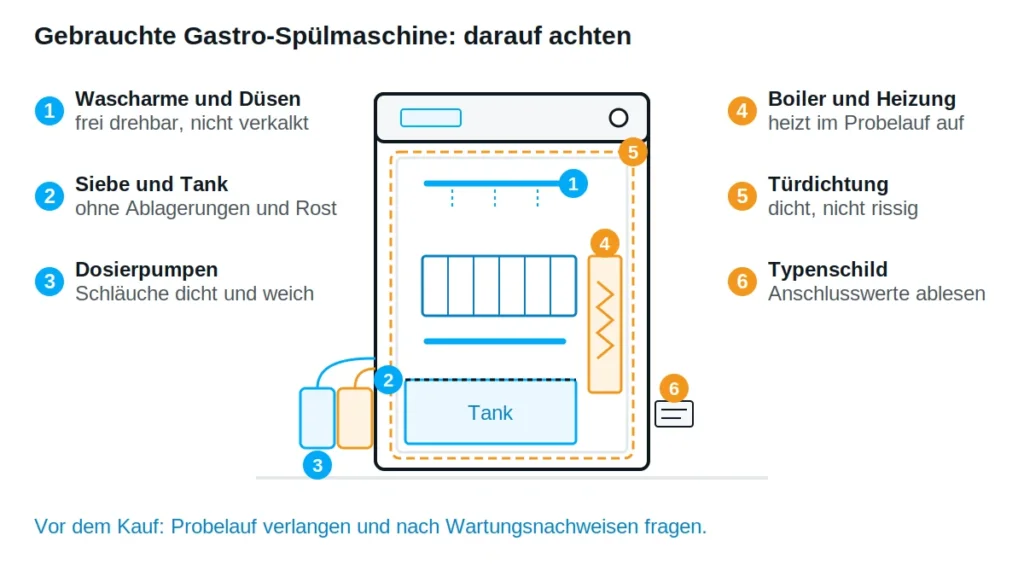 Schema einer Gastro-Spülmaschine mit den Prüfpunkten für den Gebrauchtkauf