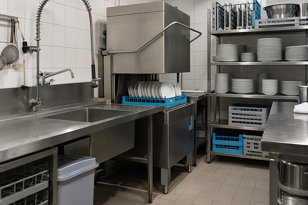 Spülküche mit Edelstahl-Spültisch, Geschirrbrause, Spülmaschine und Regal mit Spülkörben