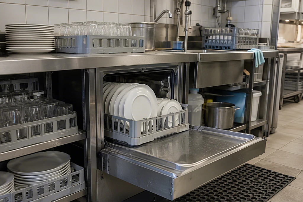 Gastro-Spülmaschine als Frontlader in einer Restaurant-Spülküche mit Korb voller Teller