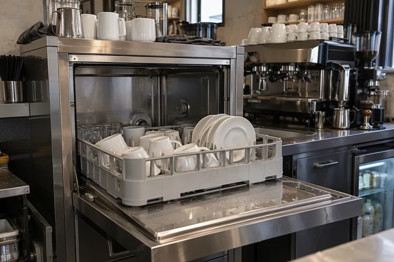 Kleine Gastro-Spülmaschine hinter dem Tresen eines Cafés mit Tassen im Korb