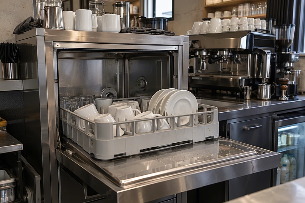 Kleine Gastro-Spülmaschine hinter dem Tresen eines Cafés mit Tassen im Korb