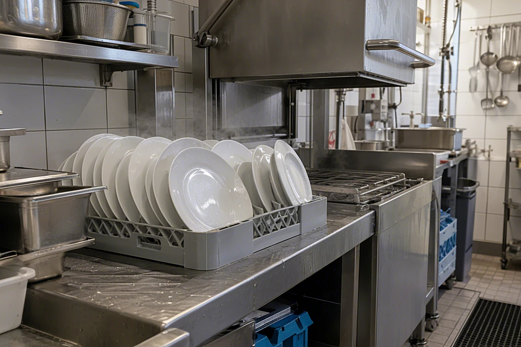 Spülkorb mit dampfenden, frisch gespülten Tellern auf dem Ablauftisch neben einer Haubenspülmaschine
