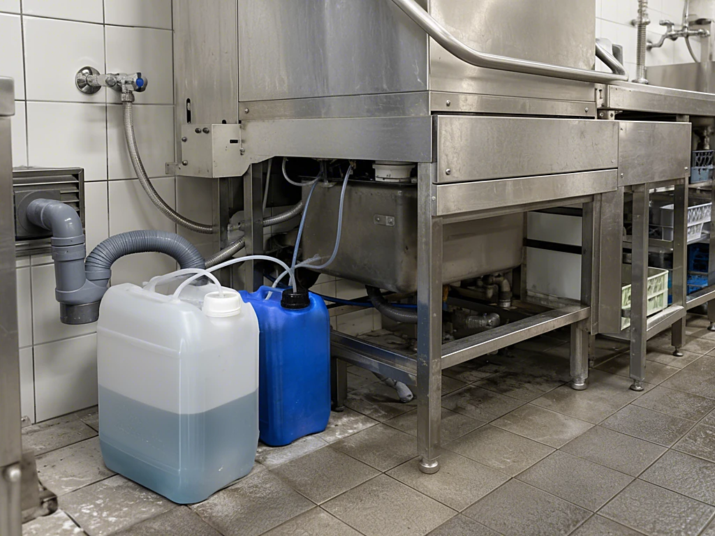Kanister für Reiniger und Klarspüler mit Saugschläuchen neben dem Unterbau einer Haubenspülmaschine