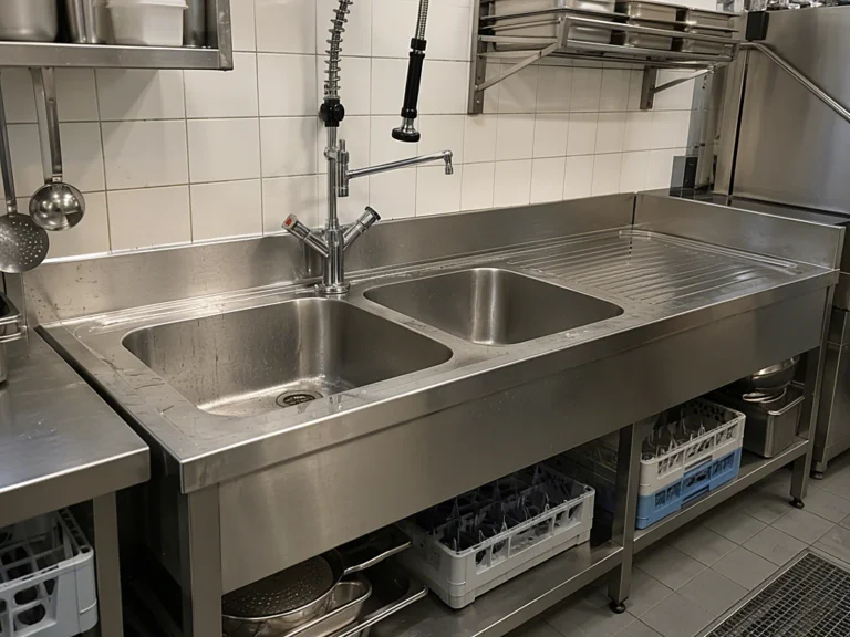 Gastro-Spültisch aus Edelstahl mit zwei Becken, Abtropffläche und Geschirrbrause