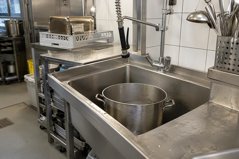 Topfspüle aus Edelstahl mit großem Kochtopf im Becken