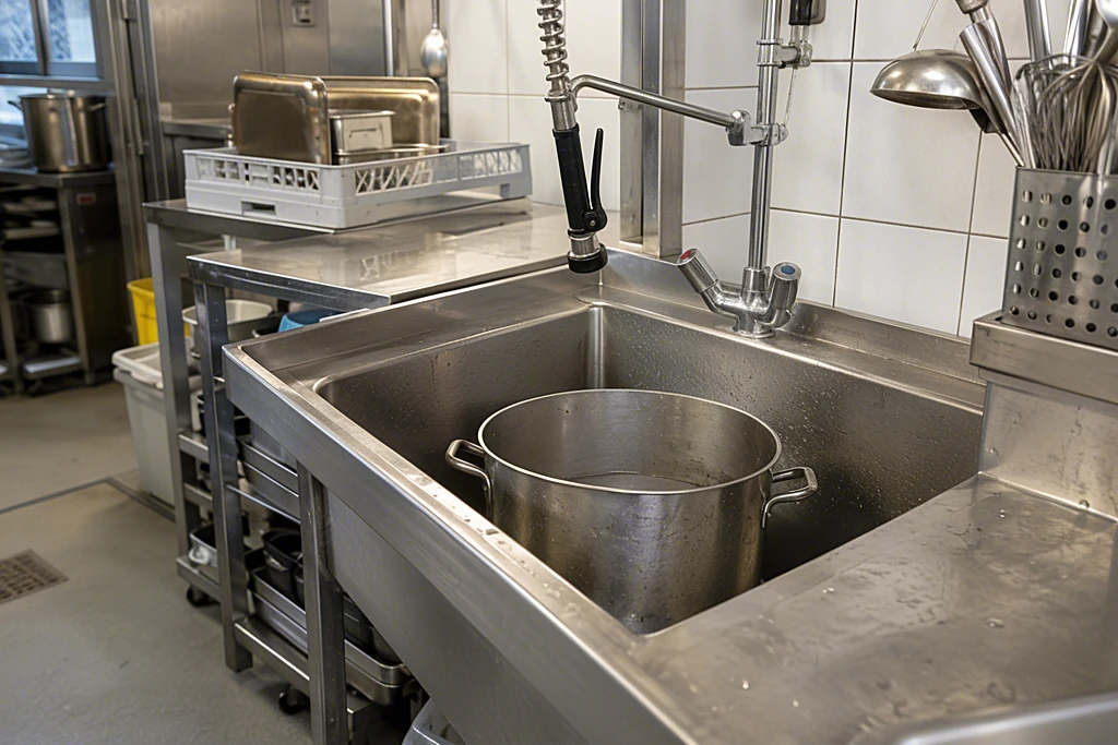 Topfspüle aus Edelstahl mit großem Kochtopf im Becken