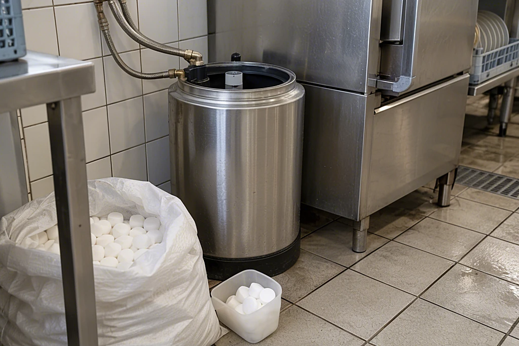Geöffneter manueller Wasserenthärter aus Edelstahl mit einem Sack Regeneriersalz-Tabletten daneben