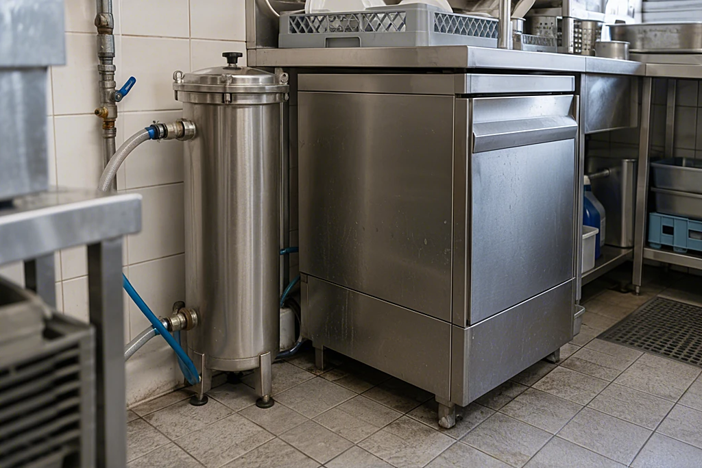 Externer Wasserenthärter aus Edelstahl neben einer Gastro-Spülmaschine unter der Arbeitsplatte